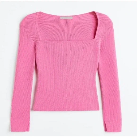 H&M Pink Ribbed Square Neck Sweater Long Sleeve Knit Top Womens - Picture 1 of 3